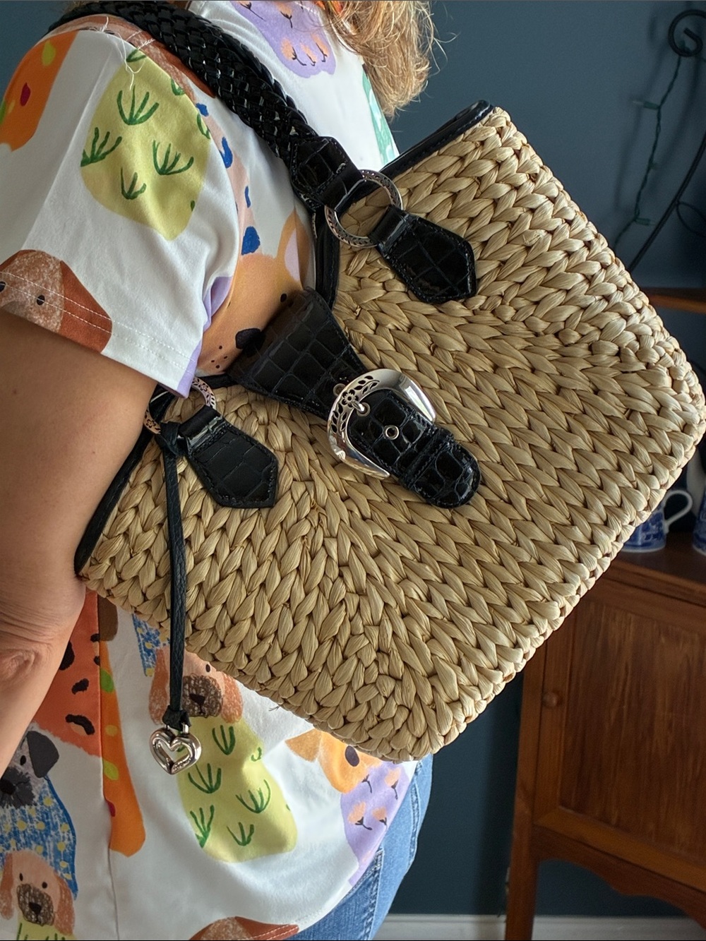 Brighton Straw Woven Tote with Black/Dark Navy Braided Handles - Picture 8 of 10